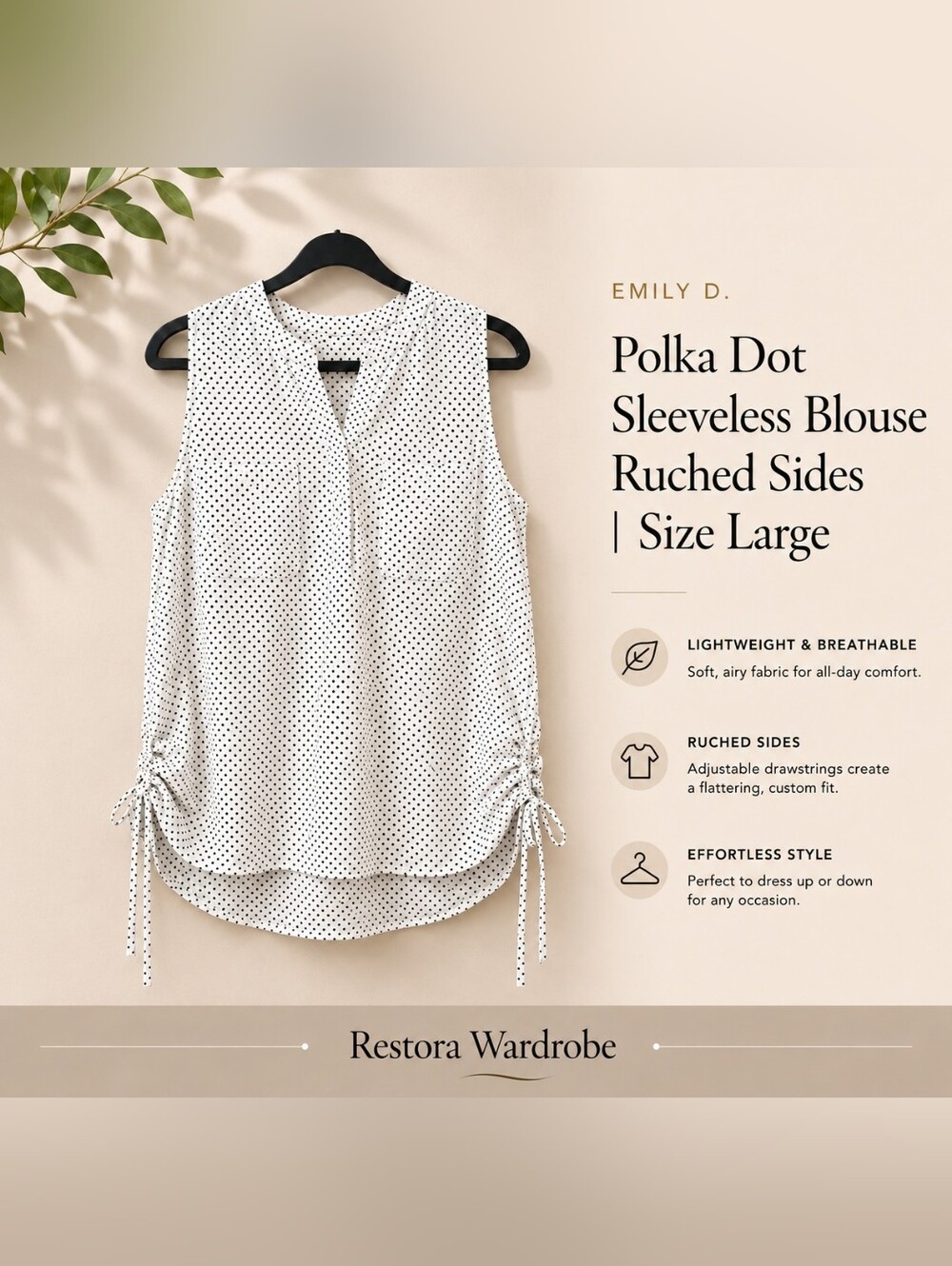 Emily D Parisian Chic Polka Dot Sleeveless Ruched Blouse Size L